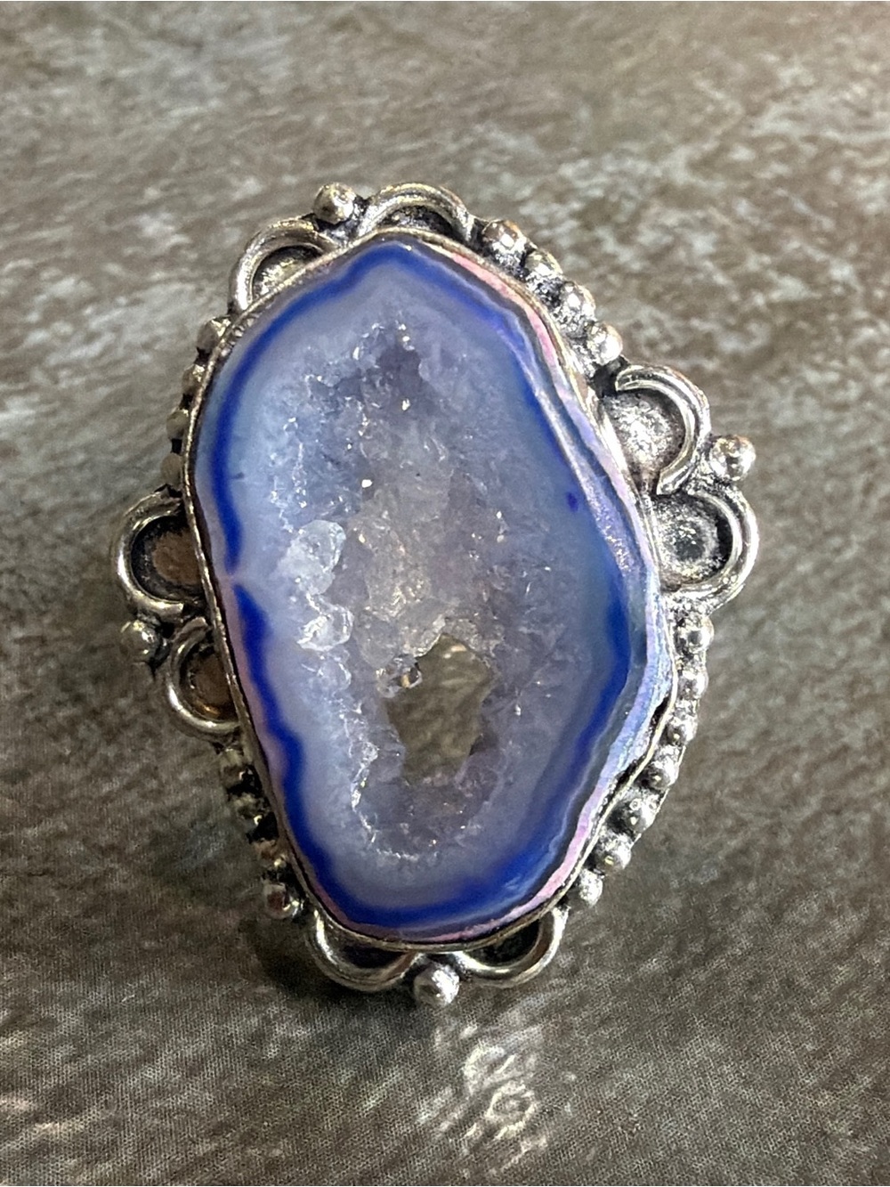 Boho Vintage Style Blue Druzy Agate Statement Ring Size 6 Silver 925 Plated